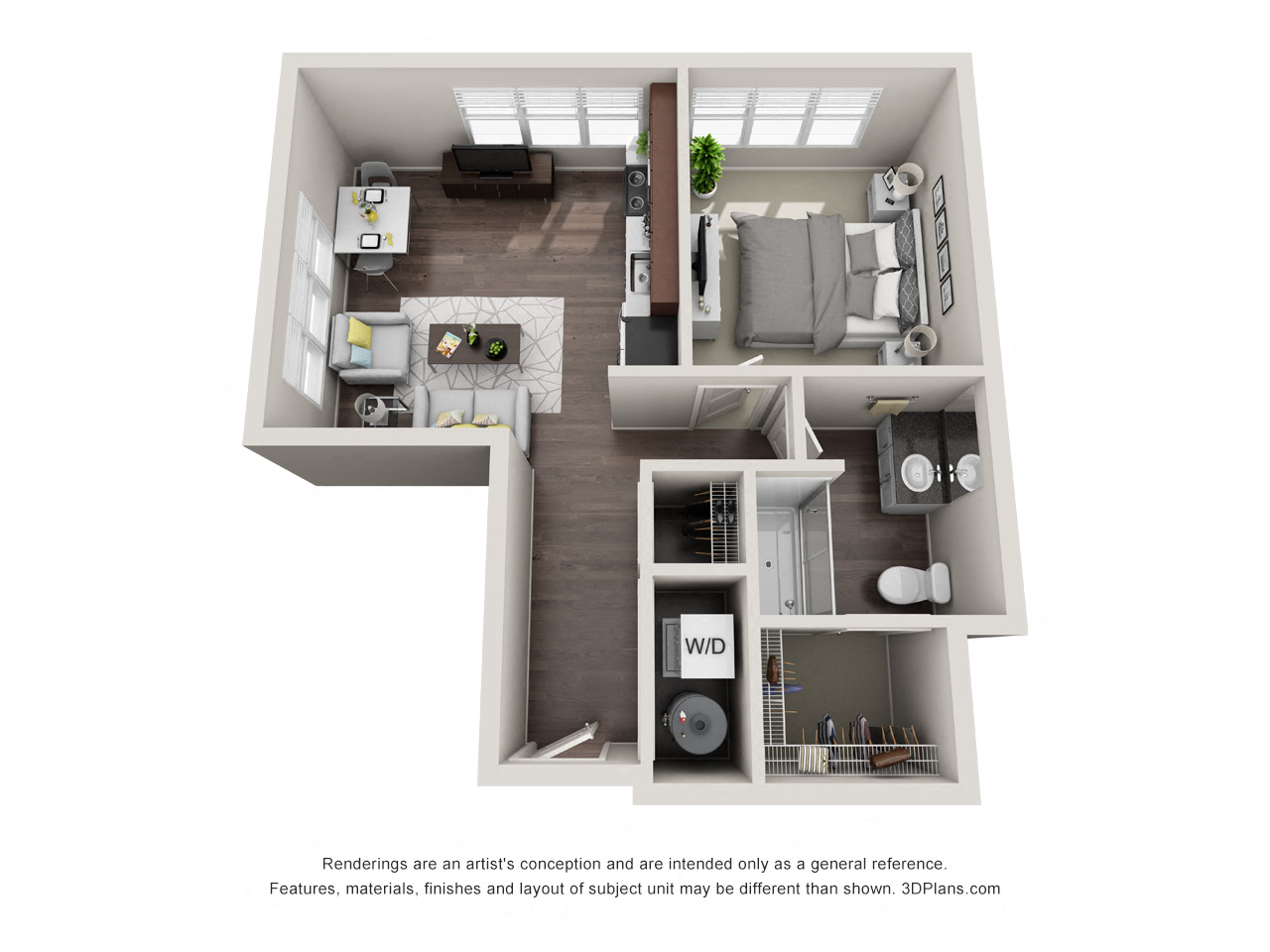 Floor plan for 1 bed, 1 bath, 679 sqft